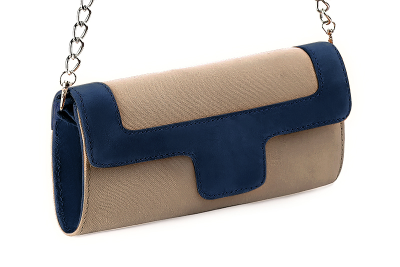 Women's tan beige and navy blue luxurious elegant clutch for ceremonies, weddings and evenings out. - Front view